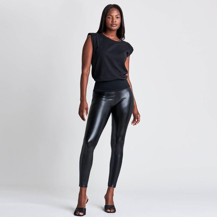 Faux Leather leggings make you look un-faux-gettable! Designed with our signature shaping waistband, these flattering and comfortable leggings give you a flat tummy and totally smooth look from day to night. Even better, this style features our opaque and glossy faux leather fabric that makes every angle your best angle. Black Leggings Casual, Knee Length Leggings, Leather Leggings Outfit, High Waisted Black Leggings, Black Leather Leggings, Flat Tummy, Womens Crewneck, Leggings Casual, Faux Leather Fabric