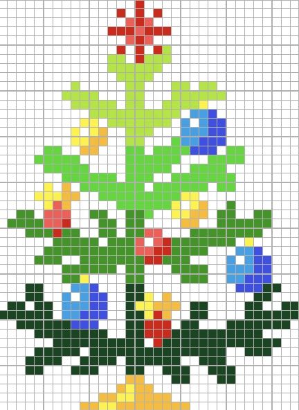 a cross stitched christmas tree with colorful flowers on it's branches and green leaves