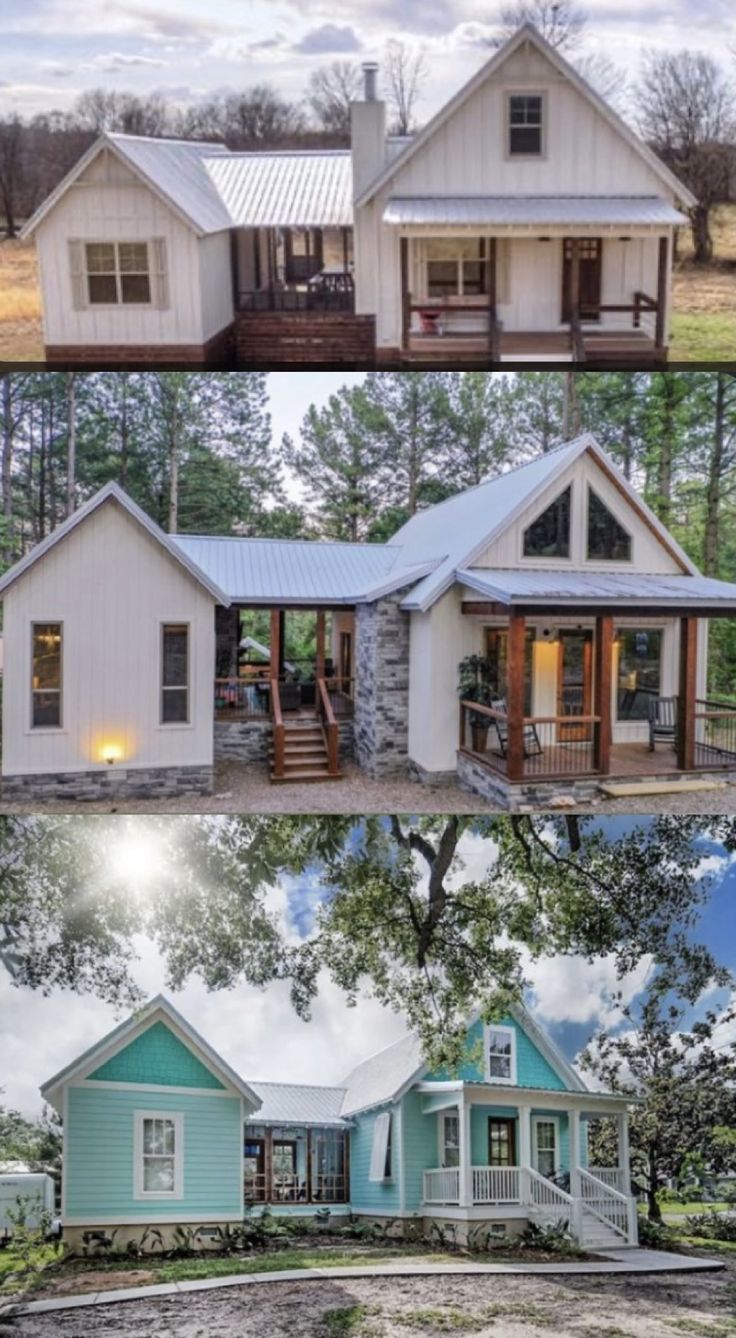 two pictures of different houses with porches and windows on each side, one is blue and the other has white trim