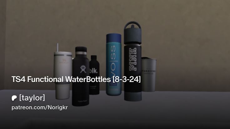 there are many different types of water bottles on the table and one is labeled as ts4 functional waterbottes 8 - 3 - 2 - 24