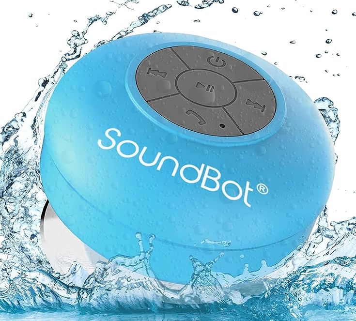 a blue soundbott floating in the water on top of a splashing surface