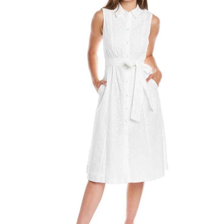 Beautiful New, With Tags, White Anne Klein Dress. Description Elegant Eyelet Detailing Adds Feminine Charm To This Shirtdress From Anne Klein. Product Details Button Closure Collar Sleeveless Lined Imported Product Specifications 45.5" L Material & Care Cotton Hand Wash Feminine Sleeveless Dress With Button Closure, Feminine Sleeveless Midi Dress With Buttons, Summer Collared Sleeveless Dress, Chic Sleeveless Cotton Shirt Dress, Spring Casual Sleeveless Collared Dress, Sleeveless Summer Dress With Button Closure For Spring, Summer Sleeveless Dress With Button Closure For Spring, Summer Sleeveless Shirt Dress For Work, Spring Sleeveless Midi Dress With Buttons