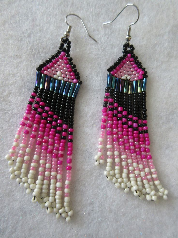 Fringe Earrings of #11 Glass Seed Beads 3 1/4" Long 3/4" wide of, Black Bugle,Pink, Black and White, Tribal, Boho, Southwestern, Artisan Southwestern Black Beaded Dangle Earrings, Southwestern Style Black Earrings With Colorful Beads, Black Southwestern Dangle Earrings, Adjustable Southwestern Black Earrings, Handmade Black Southwestern Beaded Earrings, Handmade Southwestern Black Beaded Earrings, Southwestern Black Beaded Earrings For Festivals, Southwestern Black Beaded Earrings For Gift, Southwestern Black Festival Earrings