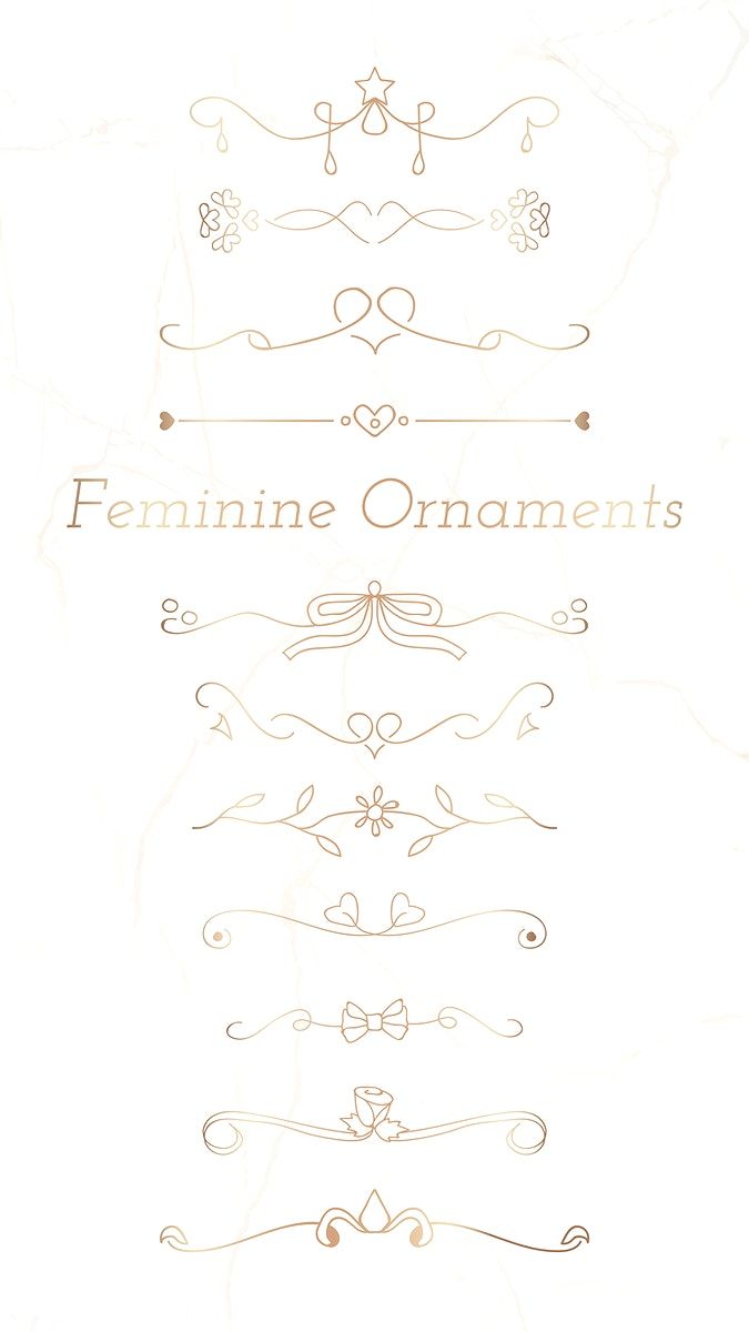 some type of ornamental design with the words feminine ornaments written in gold on a white background