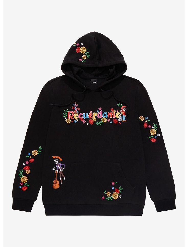 Hector and Miguel are here to bring a look worth remembering to your wardrobe! Inspired by Disney Pixar's Coco, this hoodie features embroidered floral details, with Hector and Miguel (in his Land of the Dead makeup!) decorating the "Recuérdame," meaning "Remember Me" in Spanish, lettering on the front. Hector And Miguel, Coco Hector, Disney Coco, Pixar Coco, Dead Makeup, Disney Outfit, Peplum Styling, Black Peplum, Remember Me