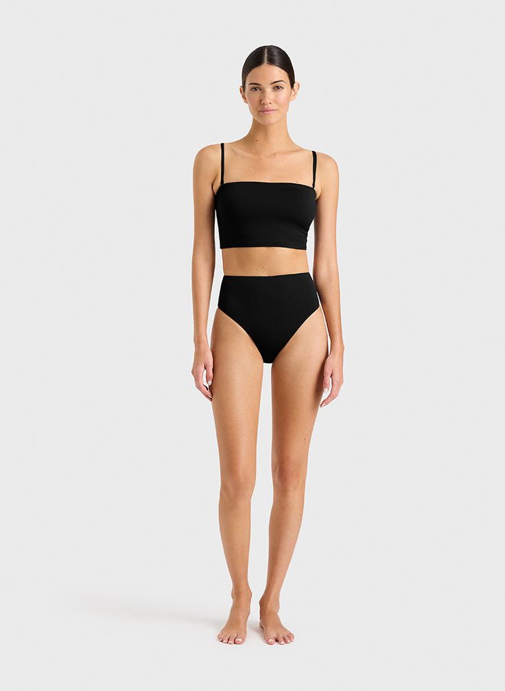 The Sandy Bikini Top in Black is a longline bandeau featuring adjustable, removable shoulder straps and gathers on the side seam. Sandy is cut from our ultra soft Embodee™ fabric with high shaping power. Invisible under-bust support in the lining supports the bust. Suitable for larger cup sizes including D, E and F.Luxury fabric sustainably made in Italy.Garment sustainably made in Australia. Black Seamless Bandeau Swimwear, Black Seamless Beach Bra, Bra-friendly Black Elastane Swimwear, Black Triangle Top Swimwear, Bra Friendly, Surfing Swimwear With Bra-friendly Triangle Top, Resort Wear Dresses, Portrait Reference, Soft Edges, Luxury Fabric