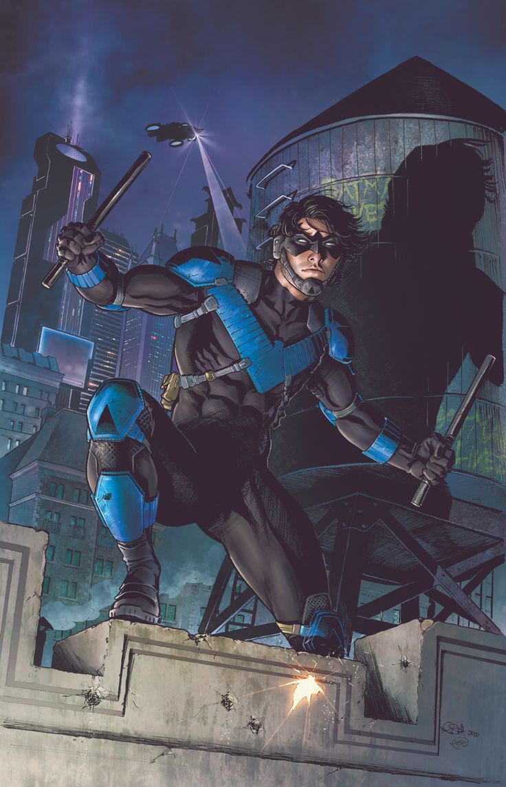 a man in blue and black outfit holding two swords on top of a building at night