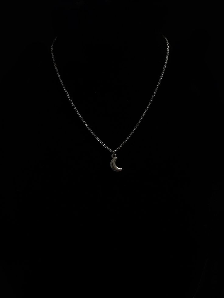 Silver Moon Necklace: stainless steel moon pendant on stainless steel chain, customized to your desired length Half Moon Metal Necklace For Gift, Half Moon Metal Necklace For Gifts, Silver Moon Charm Necklace With Adjustable Chain, Silver Half Moon Charm Necklaces, Silver Half Moon Charm Necklace, Silver Moon Shaped Stainless Steel Necklace, Minimalist Black Moon Necklace, Silver Stainless Steel Moon Necklace, Crescent Stainless Steel Necklace For Gifts