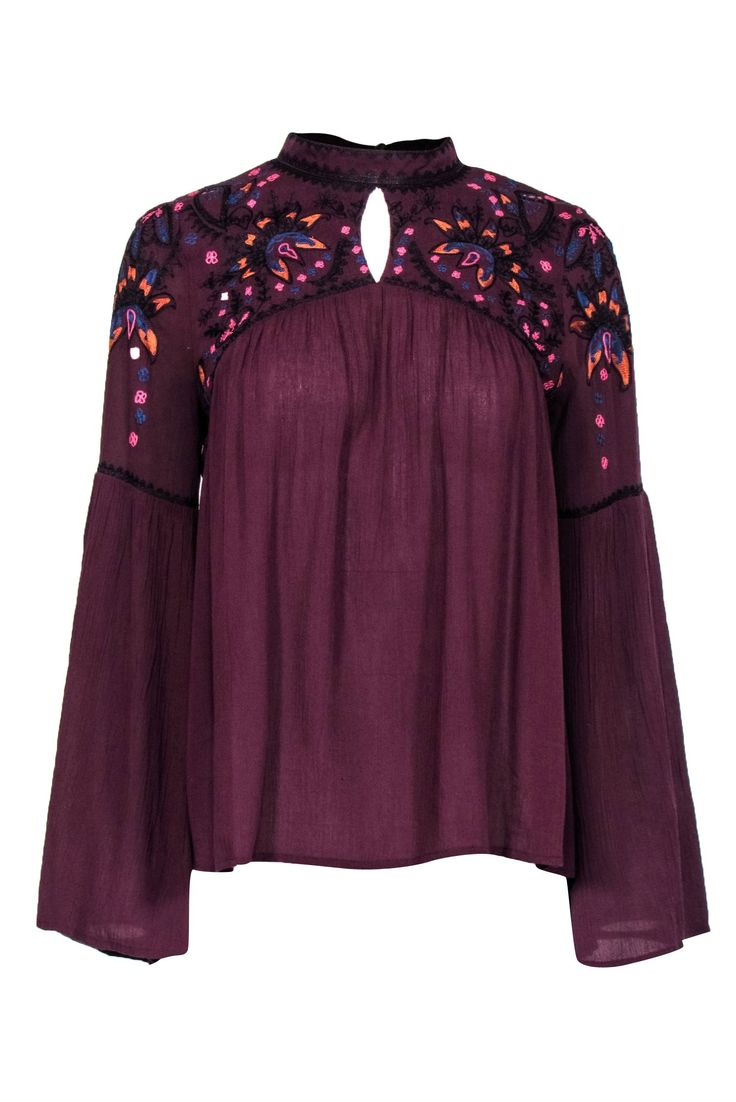 Current Boutique-Parker - Burgundy Peasant Blouse w/ Floral Design Sz S Fall Bohemian Blouse With Boho Collar, Hippie Blouse With Boho Collar For Fall, Fall Hippie Blouse With Boho Collar, Bohemian Blouse With Embroidered Neckline For Fall, Folk Style Tops For Fall Festival, Purple Floral Embroidery Top For Fall, Spring Festival Rayon Blouse, Purple Floral Embroidered Top For Fall, Fall Bohemian Blouse With Embroidered Neckline