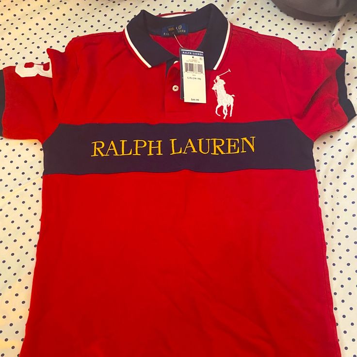 Brand New Still With Tags Red Collared Polo Shirt With Graphic Print, Red Polo Shirt With Graphic Print, Red Graphic Cotton Polo Shirt, Red Cotton Polo Shirt With Graphic Print, Sporty Red Collared T-shirt, Polo Fits, Polo Shirt Colors, Cowboy Outfits, Ralph Lauren Outfits