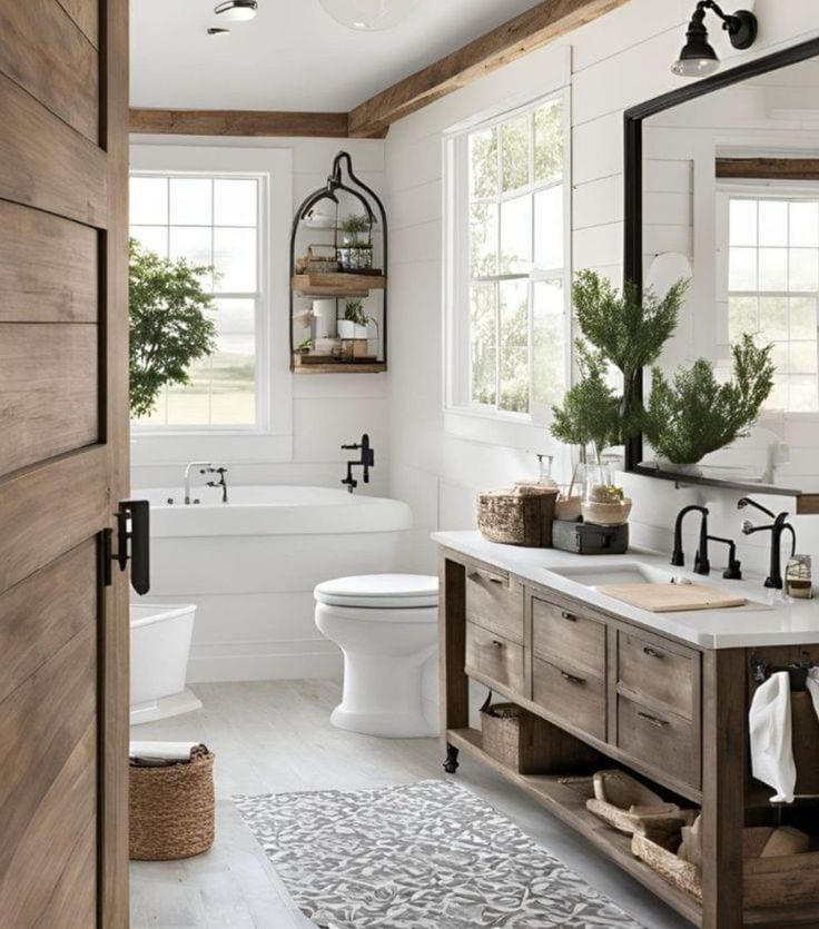 a bathroom with white walls and wood accents, including a toilet, sink, mirror and tub