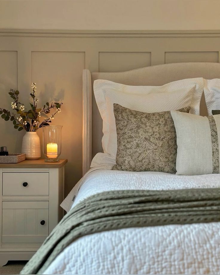 a bed with white sheets and pillows next to a night stand filled with flowers, candles and vases