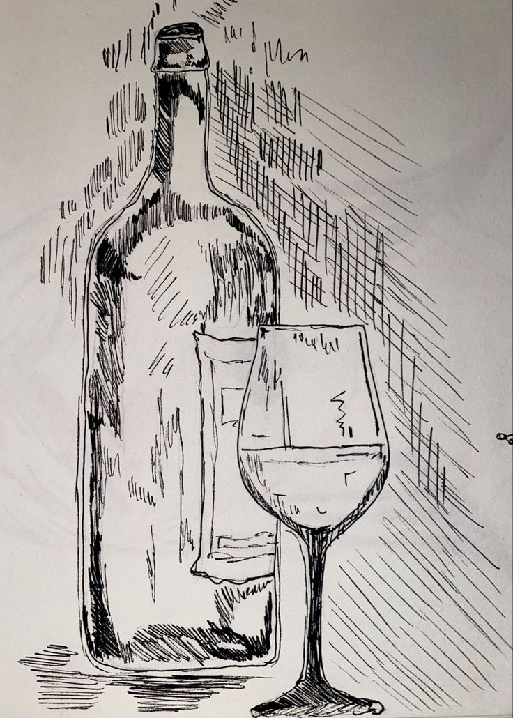 a drawing of a wine glass and bottle