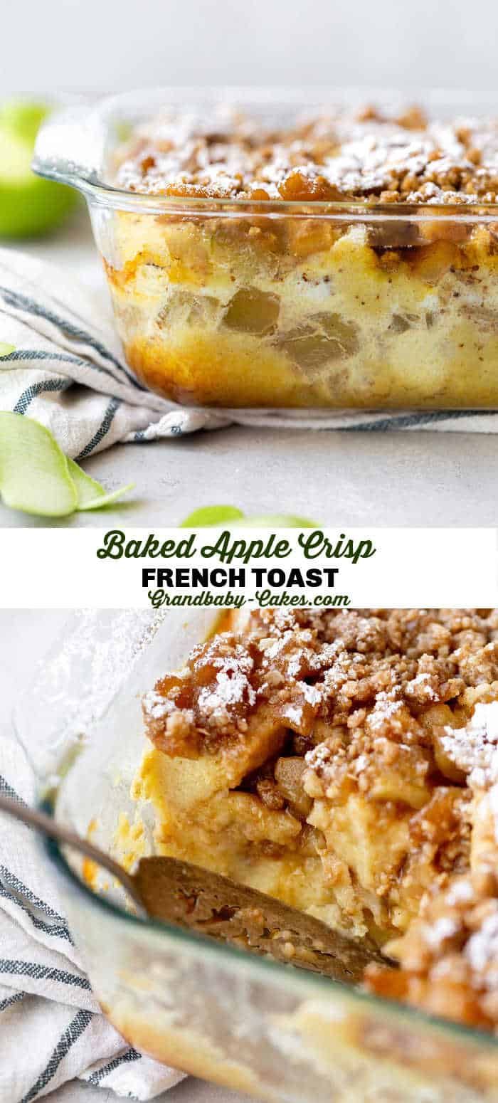 baked apple crisp french toast casserole in a glass dish with fresh apples and powdered sugar on top