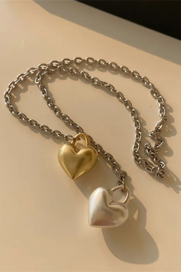 double heart pendant chain necklace, aesthetic necklace, cute necklace, bff jewelry Metal Heart Necklace With Chunky Chain, Trendy Heart Necklace With Clavicle Chain For Valentine's Day, Trendy Metal Heart Necklace, Trendy Valentine's Day Heart Necklace With Clavicle Chain, Trendy Heart Pendant Charm Necklace With Chain, Metal Heart Pendant Necklace With Chain, Everyday Metal Heart Pendant Chain Necklace, Trendy Heart Pendant Chain Necklace, Metal Heart Necklace With Chain