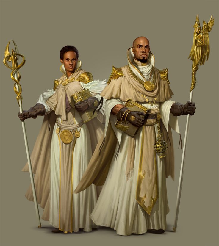 two men dressed in white and gold with golden accents, one holding a staff and the other standing behind him