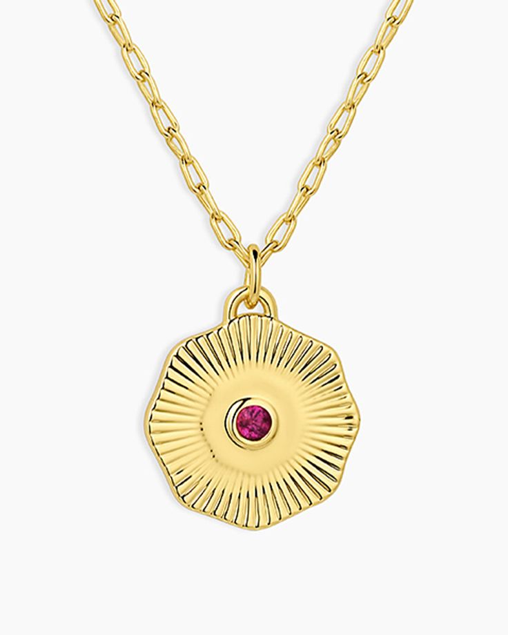 Our Birthstone Coin Necklace is the perfect way to add personal meaning to your necklace layer. Crafted with colorful stones and a gold-plated finish, you can choose your birthstone or favorite color for a unique and stylish look. A great gift for yourself or someone special. Birthstone Coin Necklace in 18k Gold/Ruby - July, Women's by gorjana Gold Birthstone Necklace With Round Stone, Gold Birthstone Necklace Fine Jewelry, Gold Round Stone Birthstone Necklace, Gold Fine Jewelry Birthstone Necklace, Gold-plated Birthstone Necklace With Gemstones, Tarnish Resistant Yellow Gold Birthstone Pendant Necklace, Yellow Gold Birthstone Charm Necklace With Flower Pendant, Gold Pendant Birthstone Necklace With Gemstone, Gold Gemstone Birthstone Pendant Necklace