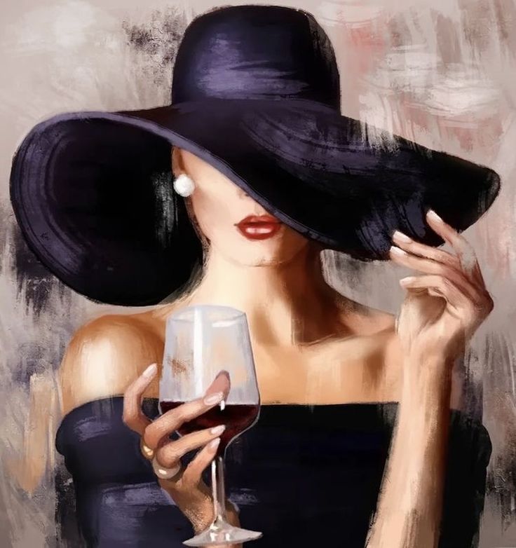 a painting of a woman holding a wine glass in her right hand and wearing a black hat