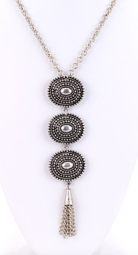 Silver triple pendant necklace with hanging tassel. Vintage Turkish collection zinc alloy silver plated