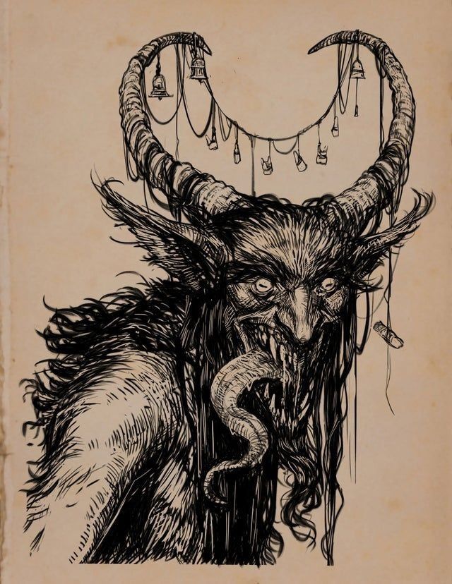 an ink drawing of a horned creature with horns and long hair, holding something in its mouth