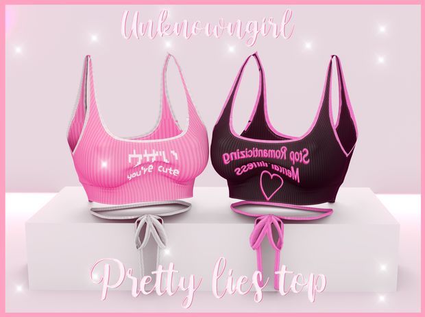 two pink and black bras on display with the words pretty lies top above them