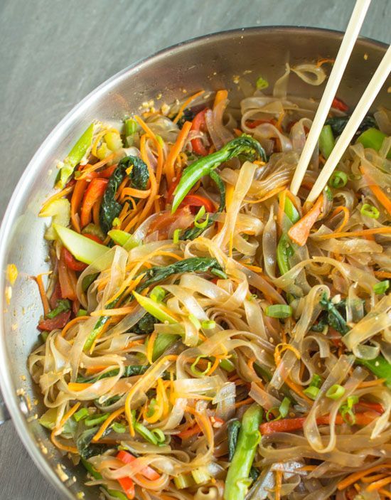 stir fry with vegetables and noodles in a pan