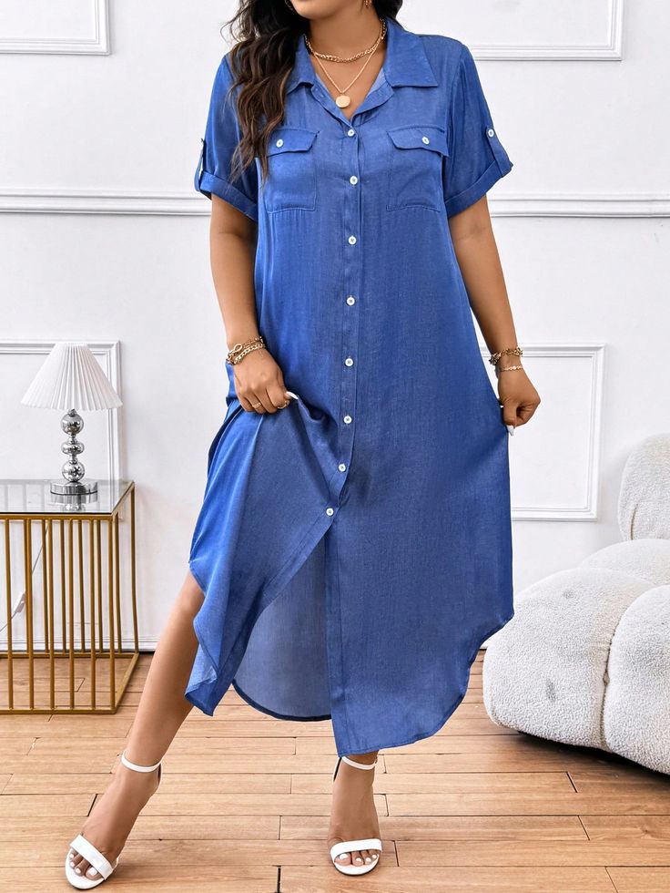 Plus Size Spring/Summer Casual Denim-Look Roll-Tab Sleeve Button Front Shirt Dress Blue Casual  Short Sleeve Woven Fabric Plain Shirt Non-Stretch  Women Plus Clothing, size features are:Bust: ,Length: ,Sleeve Length: Jean Dresses Outfit, Long Denim Dress, Graphic Print Dress, Plus Size Spring, Button Front Shirt Dress, Denim Overall Dress, Plain Shirt, Long Shirt Dress, Woven Dress