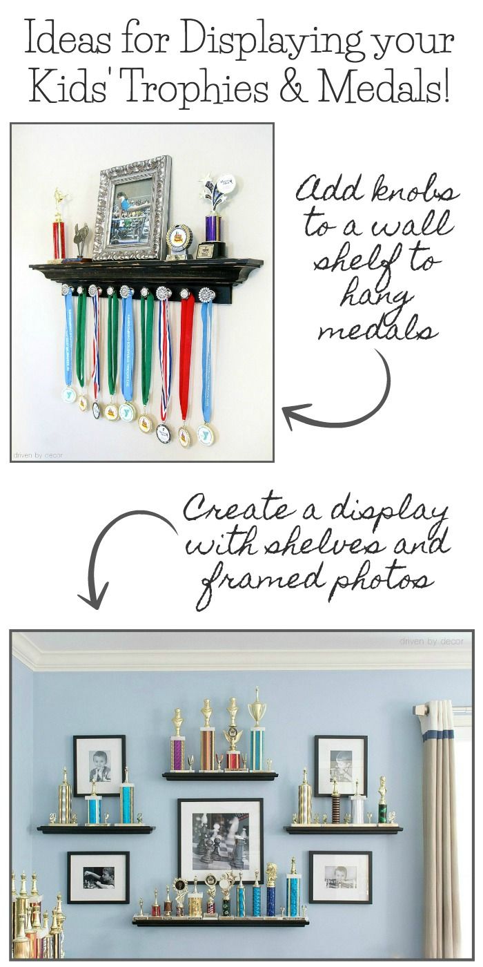 two shelves with pictures on them and the words ideas for displaying your kids trophies & medals