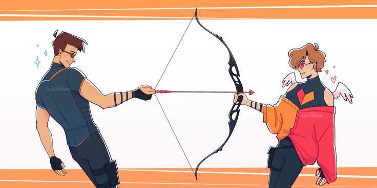 two cartoon characters are aiming an arrow at each other