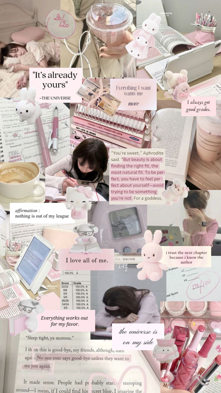 a collage of pink and white items with words on them that say it's already yours