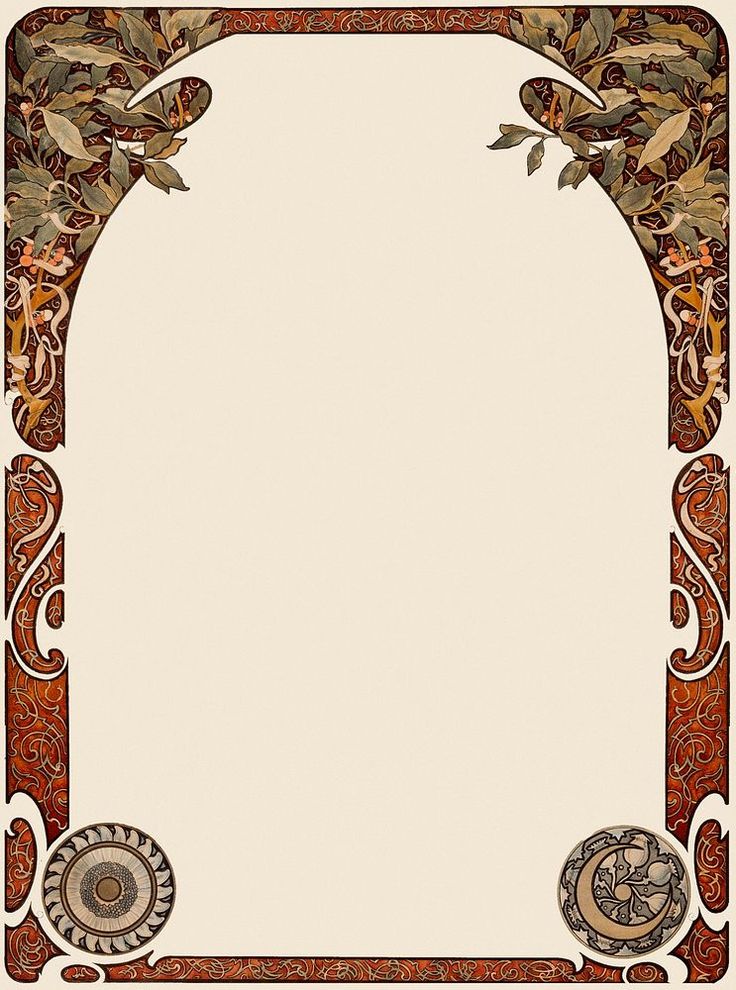 an ornate frame with birds and flowers on the border is shown in red, brown, beige