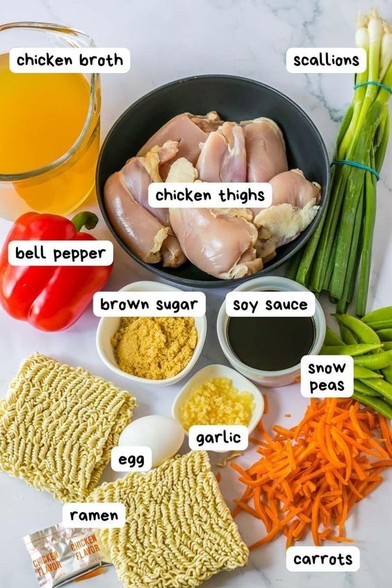 ingredients for chicken broth laid out on a white counter top with text above it