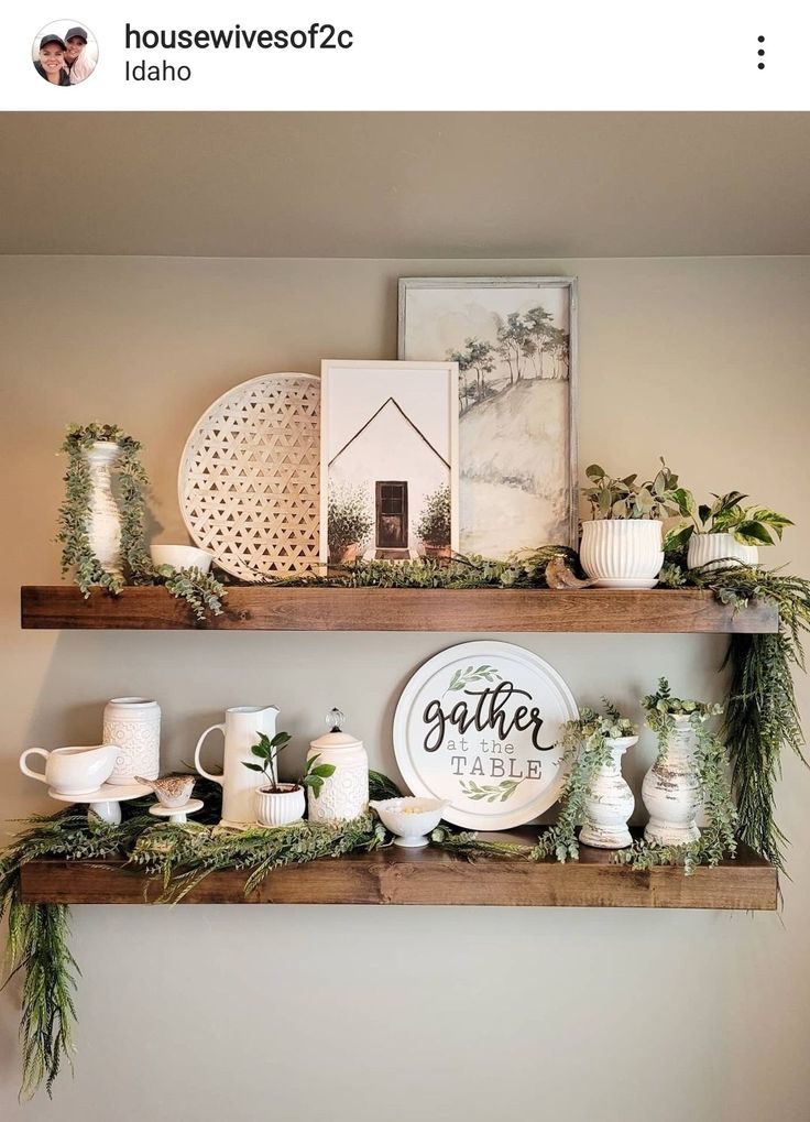 Green and white shelf shelves floating wood Jaco bean basket are decor decorative house plants art Floating Shelves Dining Room Wall Decor, Greenery On Shelves, Floating Shelf Dining Room Decor, Three Shelves On Wall Display, Dining Room Floating Shelf, Floating Shelf Dining Room Farmhouse, Shelf Decor Dining Room Wood Shelves, Floating Shelves With Greenery, Dining Room Shelf Ideas