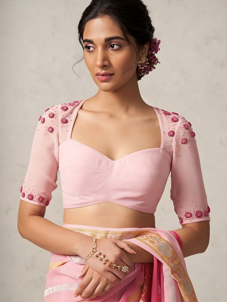 Buy Light Pink Pure Georgette Blouse With French Knot Hand online on Etsy India. Shop for handmade, vintage and unique Saree Blouses & Cholis items from QueenWomen online on Etsy Saree Blouse Styles Weddings, Indian Wear Dresses Designer, Blouse Ideas For Georgette Saree, Shoulder Embroidery Blouse, Blouse Designs To Look Lean, Cute Blouse Designs For Saree, Embroided Blouse Design, Saree Blouse Models Latest, Blouse Crop Top Designs