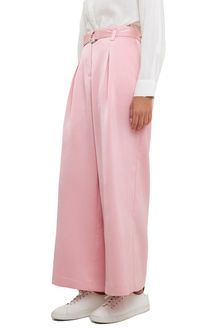 A simple box pleat lends elegance to these bubblegum-hued wide-leg satin pants with an adjustable D-ring belt. 100% polyester Hand wash, dry flat Imported Feminine Pink Satin Bottoms, Chic Pink Satin Bottoms, Spring Pink Satin Bottoms, Formal Pink Satin Bottoms, Elegant Pink Satin Bottoms, Satin Ankle-length Wide Leg Pants For Work, Chic Pink Pleated Bottoms, Spring Wide Leg Satin Bottoms, Spring Wide-leg Satin Pants