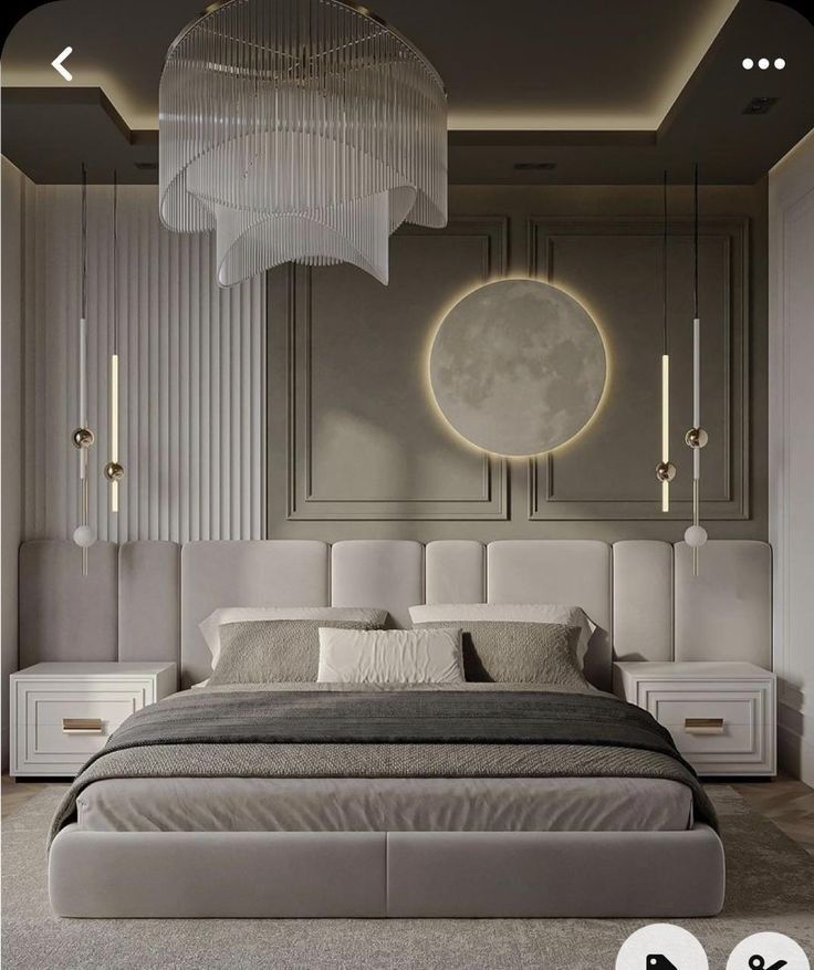 a bed room with a neatly made bed and a chandelier