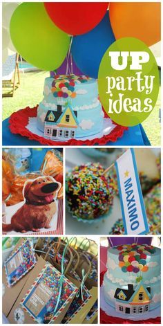 a collage of photos with balloons, cake and other items for a birthday party