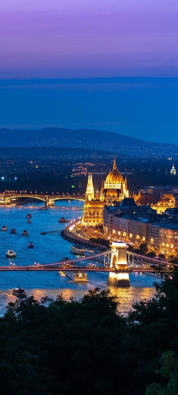 the city is lit up at night with boats in the water