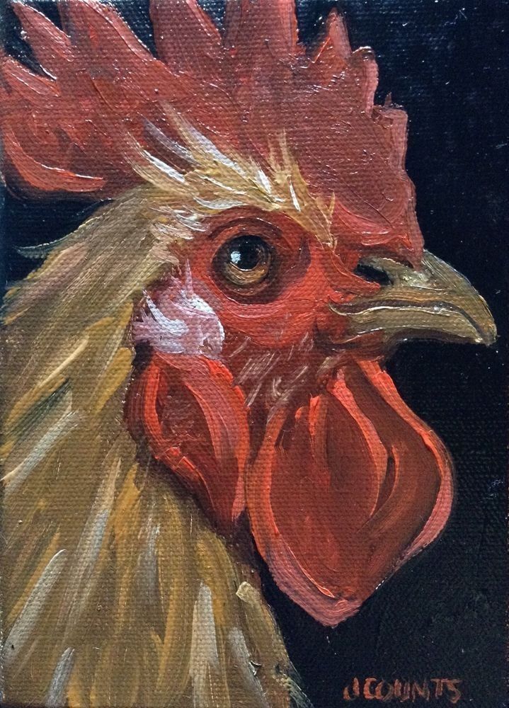 an oil painting of a rooster on a black background