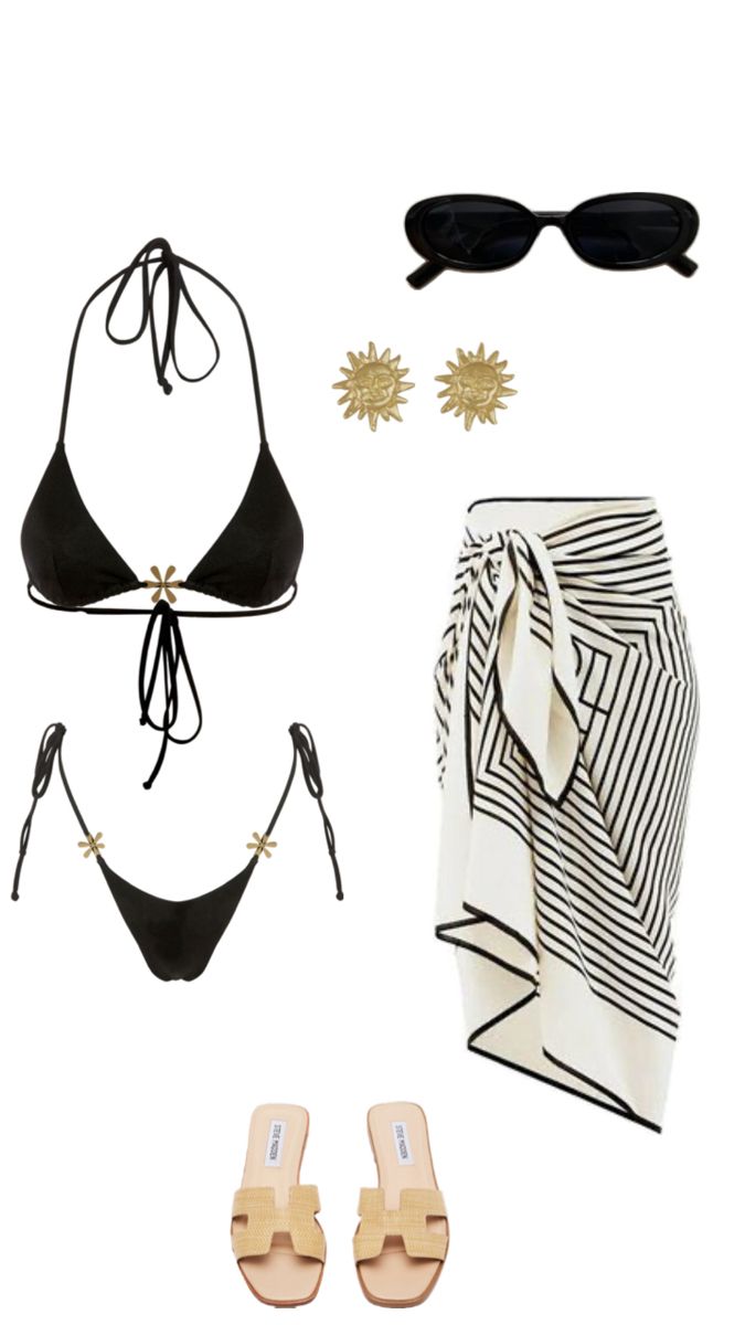 Beach outfit, black bikini set, european summer outfit idea Beach Outfits Swimsuit, Vacation Polyvore Outfits, Holiday Outfits Summer Beach Bikinis, Black And Gold Beach Outfit, Europe Aesthetic Bikinis, European Summer Bikinis Outfits, Cabo Spring Break Outfit, Sim4 Swimsuit, Holiday Beach Outfits