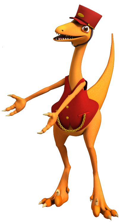 a cartoon dinosaur in a red dress and top hat with his arms spread out to the side