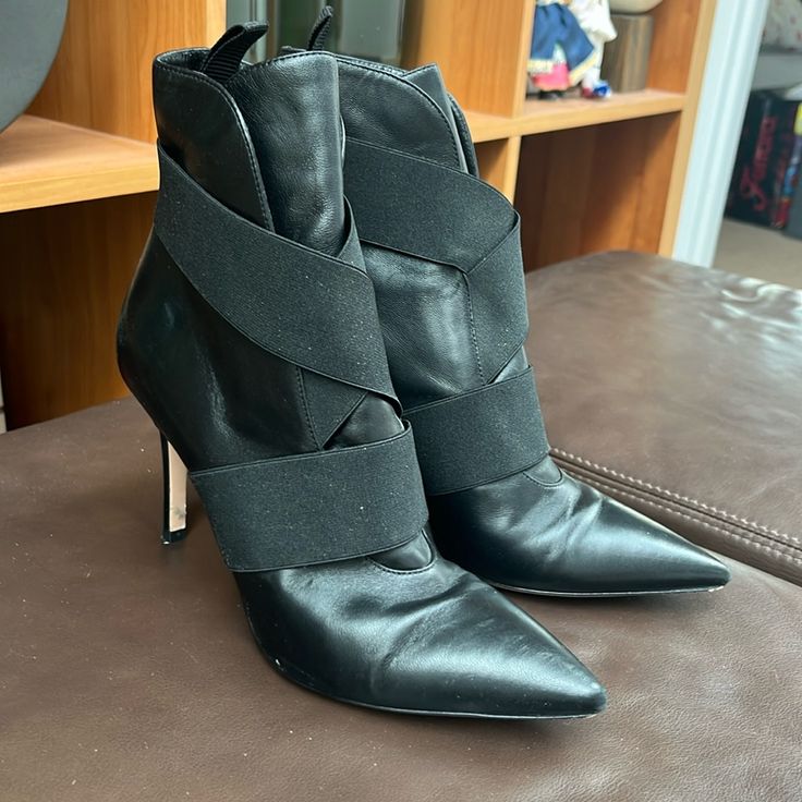 Great Condition - Some Minor Signs Of Wear; See All Photos Before Purchasing Chic Synthetic Boots With Ankle Strap, Black Ankle Strap Boots With Wrapped Heel, Black Pointed Toe Boots With Wrapped Heel, Black Pointed Toe Boots With Heel Strap, Black Ankle-high Boots With Heel Strap, Black High Heel Boots With Heel Strap, Ankle Strap Boots With Wrapped Heel For Night Out, Black Closed Toe Boots With Wrapped Heel, Black Closed Toe Boots With Heel Strap