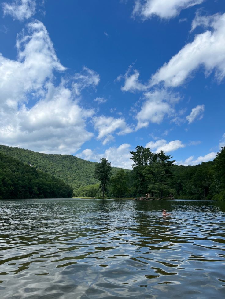 a body of water with trees in the background and clouds in the sky above it