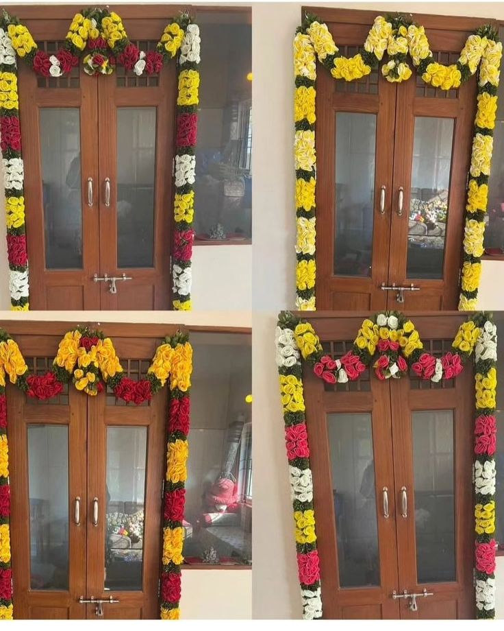 four different pictures of flowers on the side of a door and in front of a window