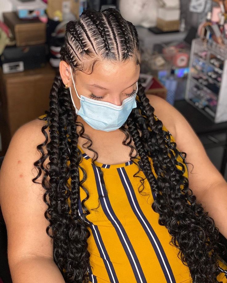 Bohemian Feed In Braids Cornrows, Stitch Braids Curly Ends, Feed In Goddess Braids Cornrows, Cornrows With Curls At The End, Conrows Lines And Braids With Curls, Straight Back With Curls, Curly Cornrows Braids, Feed In Braids With Curly Hair, Goddess Feed In Braids