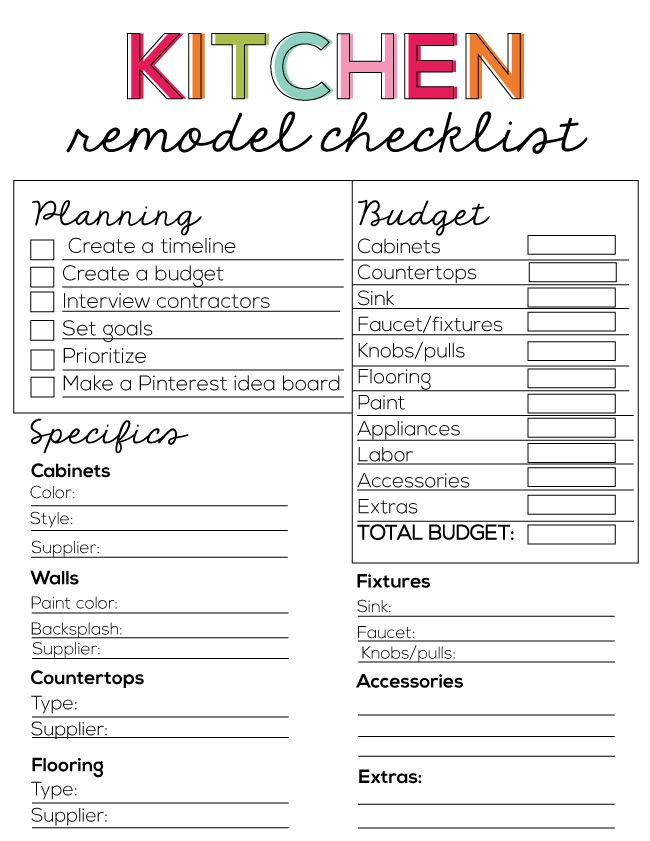 the printable kitchen remodel checklist is shown in black and white with colorful lettering