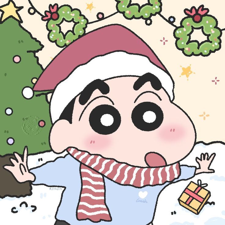 a cartoon character wearing a santa hat and scarf