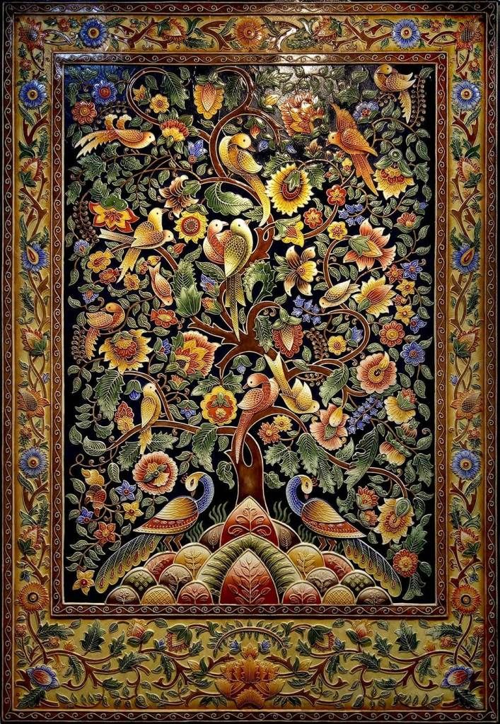 the tree of life with birds and flowers on it, is shown in this tapestry