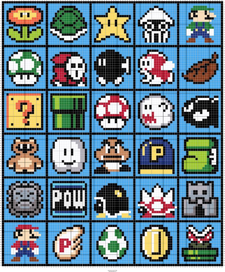 a cross stitch pattern with different types of video game characters on it's squares