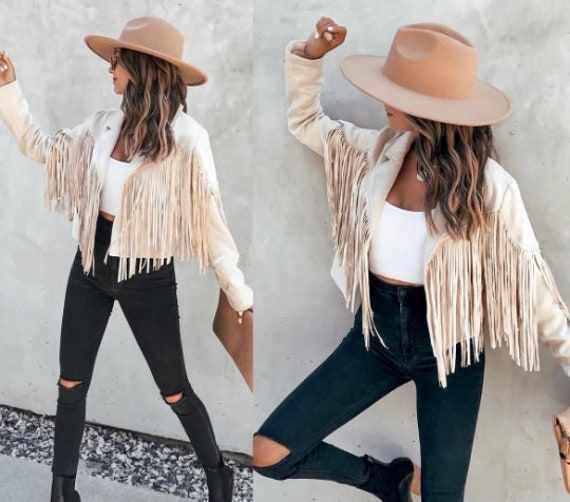 Chic Leather Jacket With Fringe For Fall, Chic Winter Fringe Outerwear, Trendy Spring Fringe Outerwear, Trendy Fringe Outerwear For Spring, Fitted Spring Outerwear With Tassels, Fitted Outerwear With Tassels For Spring, Chic Leather Jacket With Fringe, Chic Leather Jacket With Fringe And Long Sleeves, Chic Long-sleeve Leather Jacket With Fringe